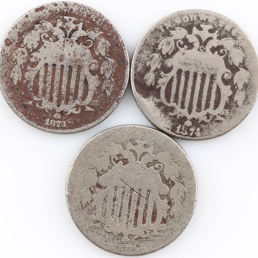 Group of Three Shield Nickels: 1872, 1873, and 1874
