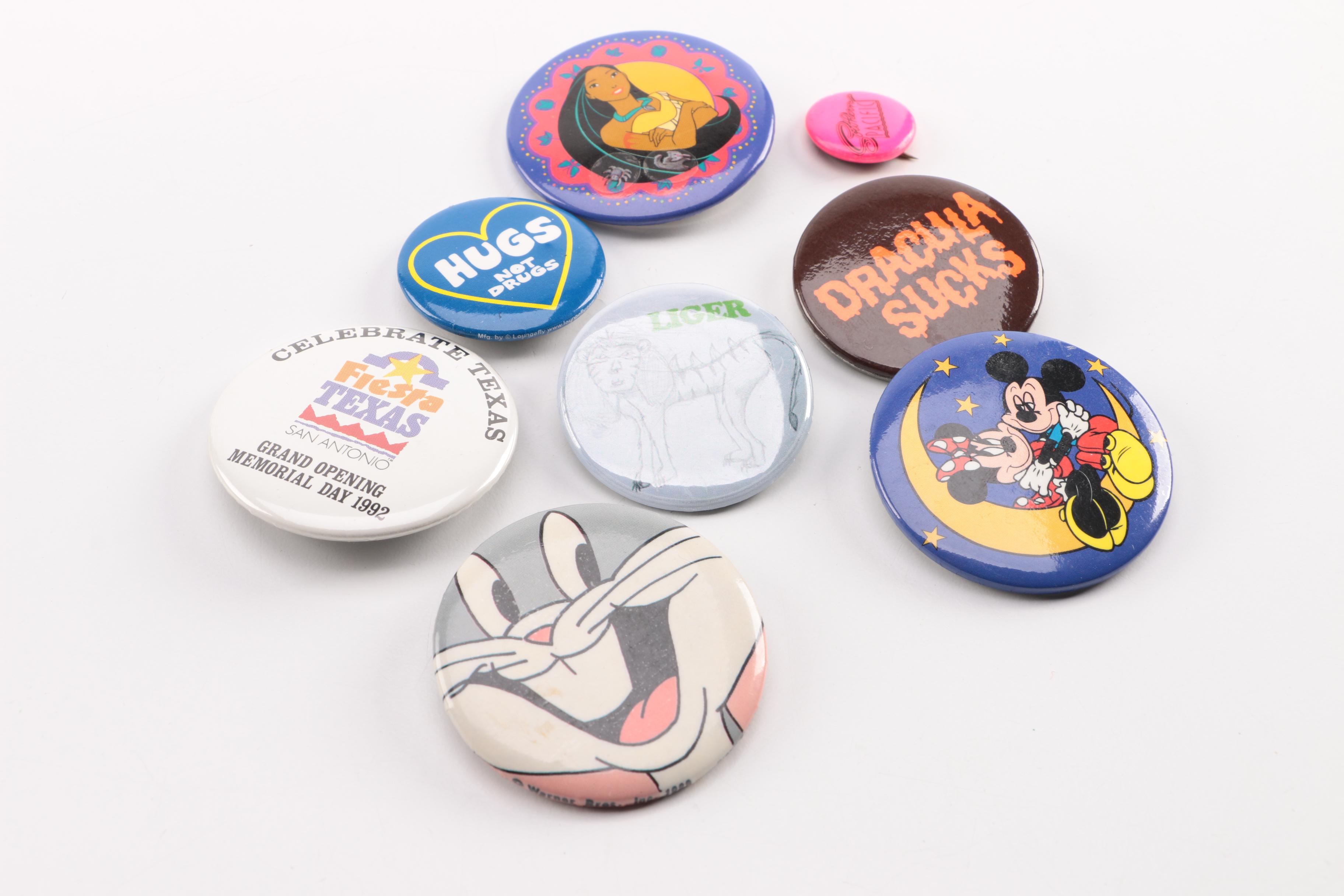 Pin-Back Button Collection Featuring Disney, Bugs Bunny, and US Olympics