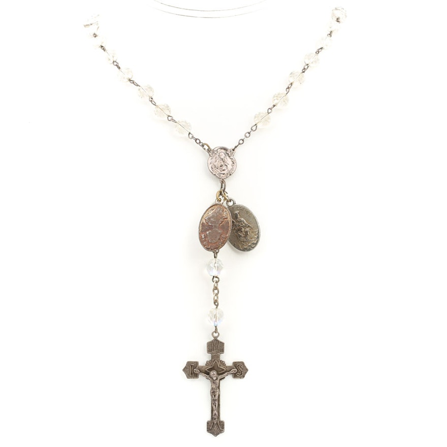 Sterling Silver Crystal Rosary with Crucifix and Christ Plaque Attachment