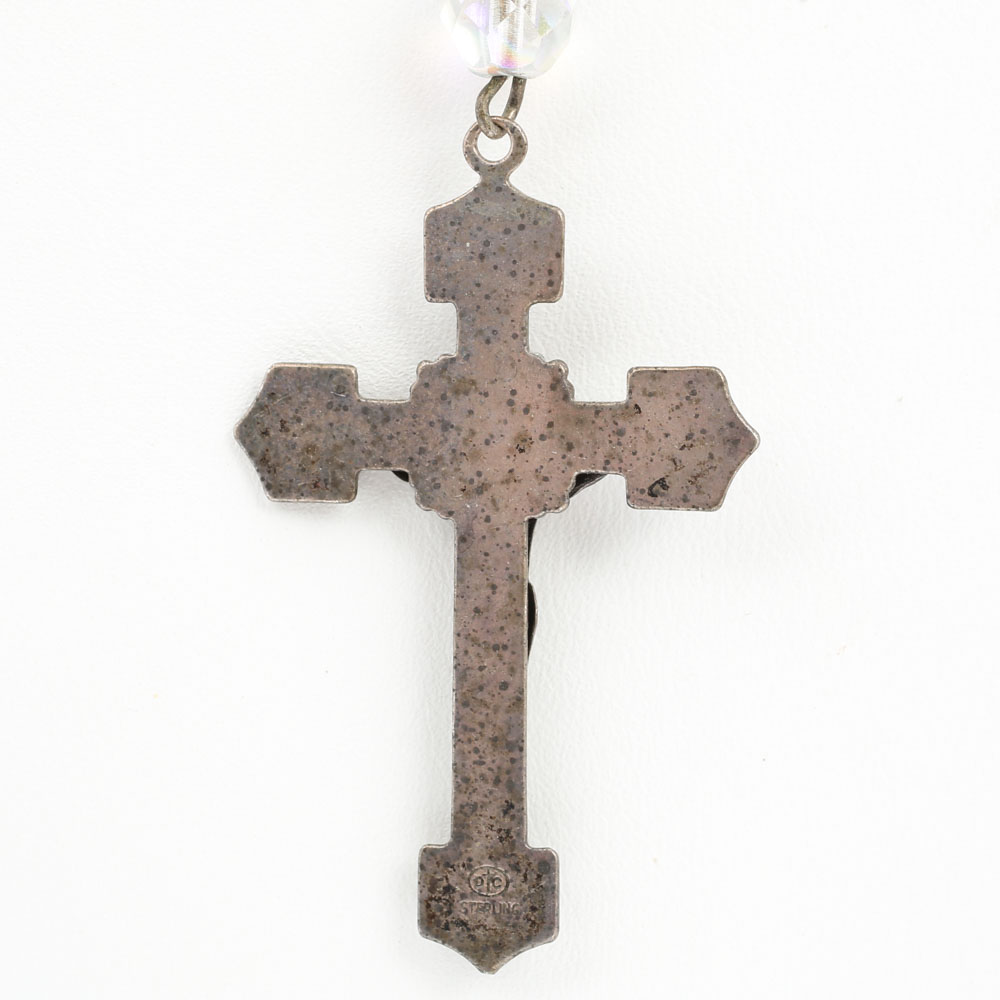 Sterling Silver Crystal Rosary with Crucifix and Christ Plaque Attachment