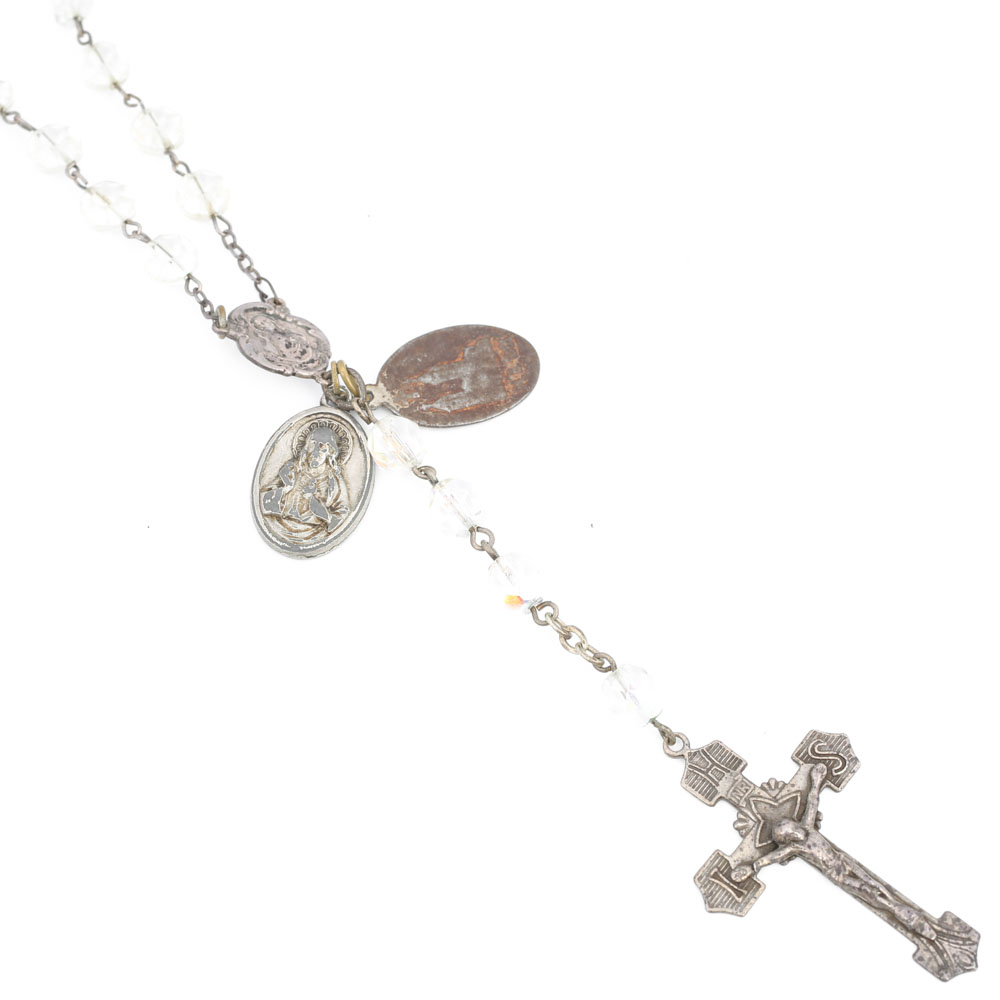 Sterling Silver Crystal Rosary with Crucifix and Christ Plaque Attachment