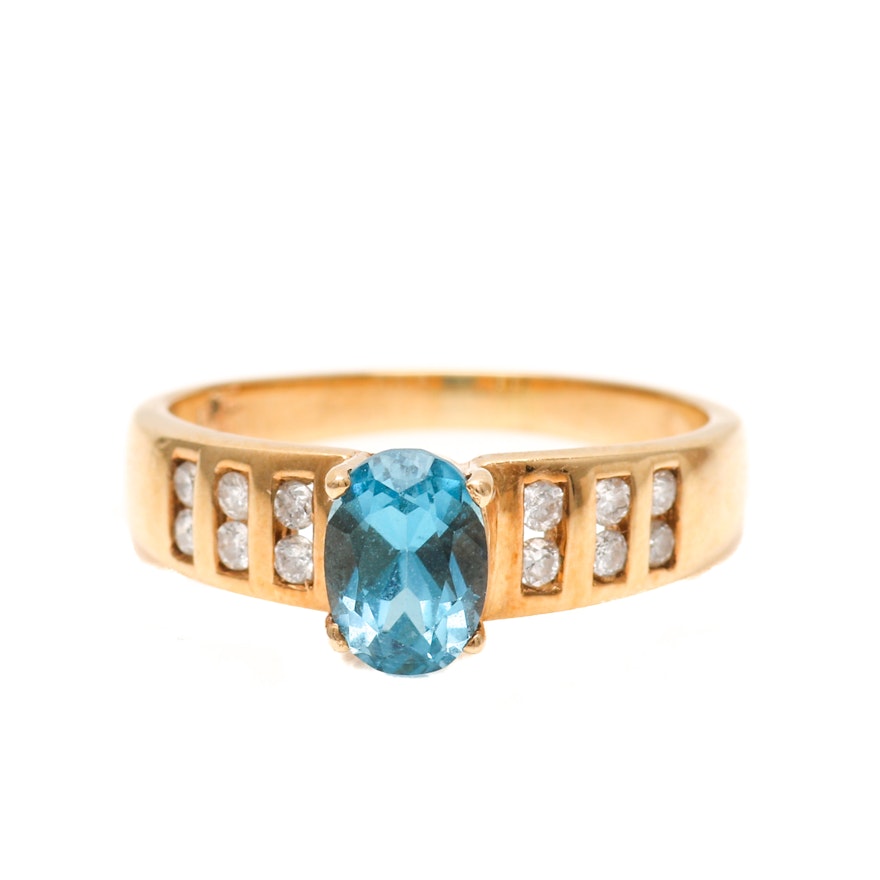 14K Yellow Gold Blue Topaz and Diamond Ring