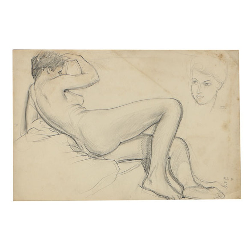 Mary Shaw Female Nude Figure Study Drawing on Paper