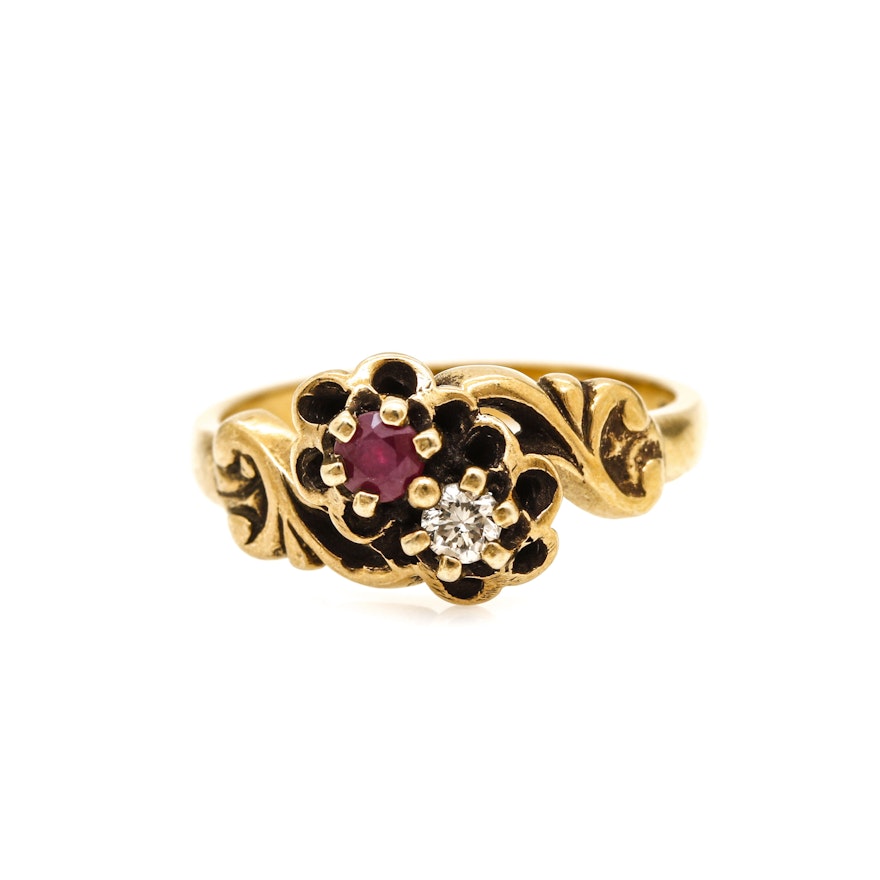 Early 1900's 14K Yellow Gold Diamond and Ruby Toi et Moi Ring