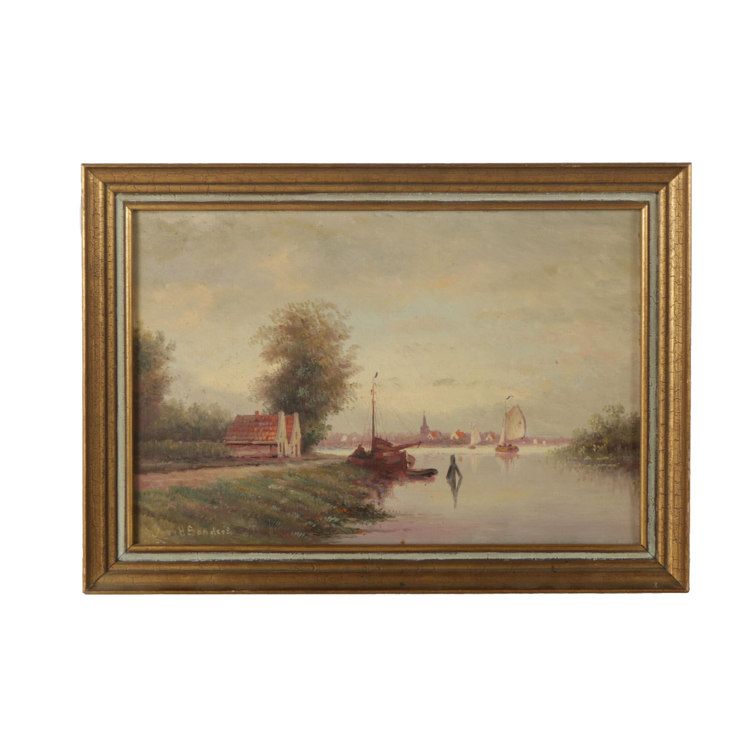 H. Sanders Oil Painting on Canvas Coastal Scene