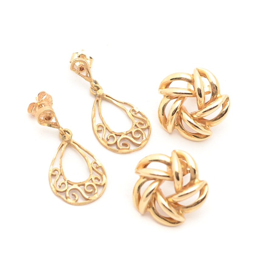 Two Pairs of 14K Yellow Gold Earrings