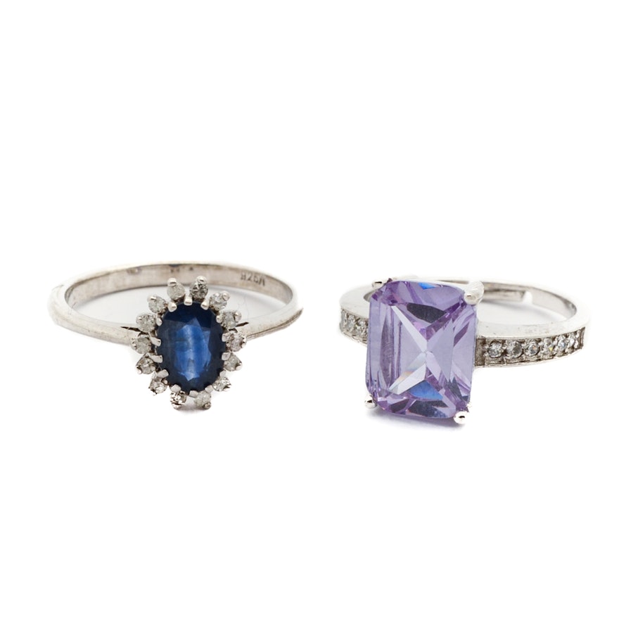 Sterling Silver Blue Sapphire and Cubic Zirconia Rings