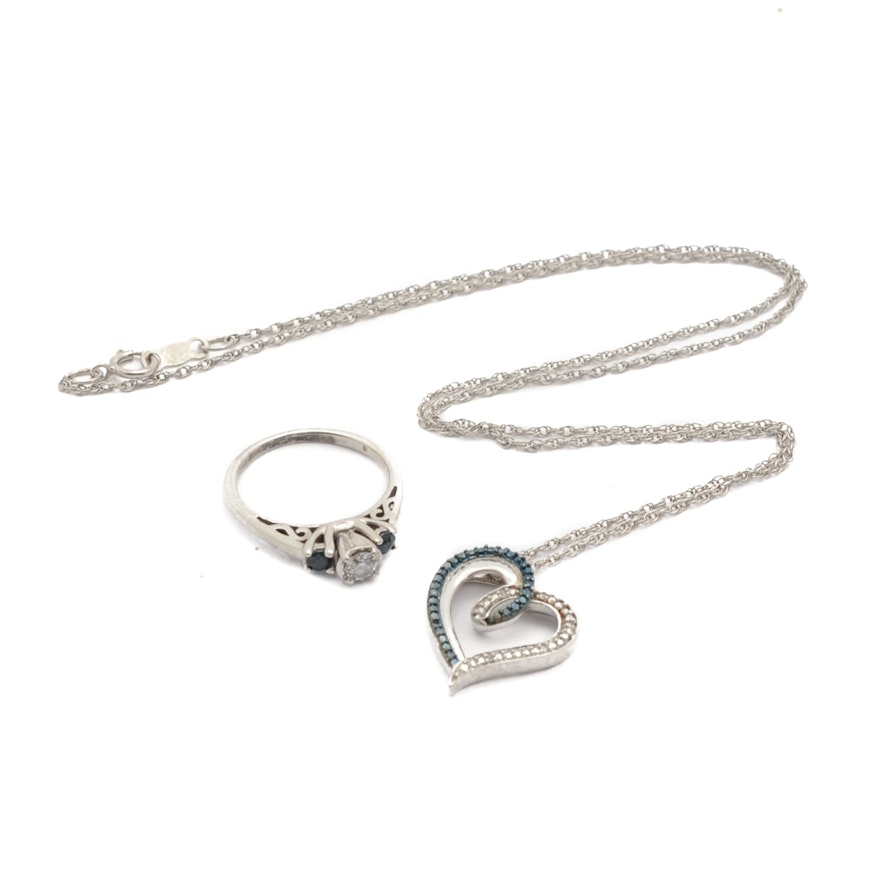 Sterling Silver Diamond Ring and Open Heart Pendant Necklace