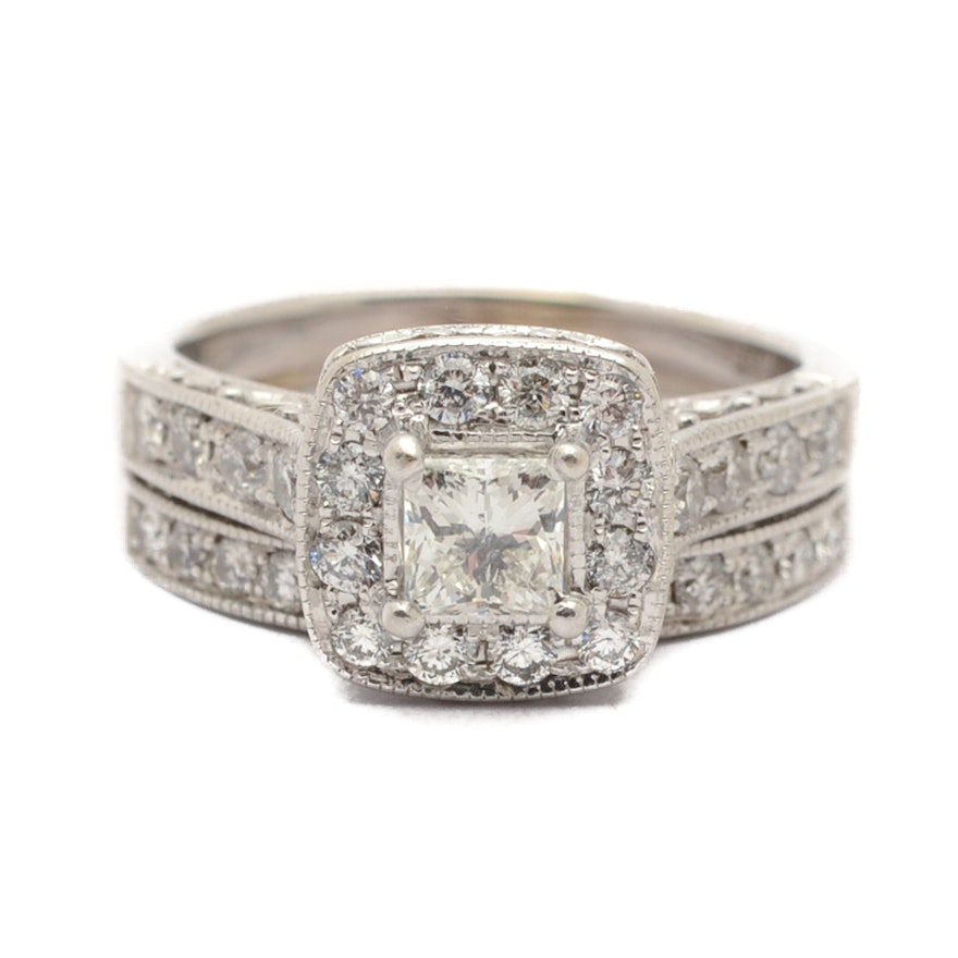 14K White Gold 1.33 CTW Princess Cut Diamond Wedding Ring Set