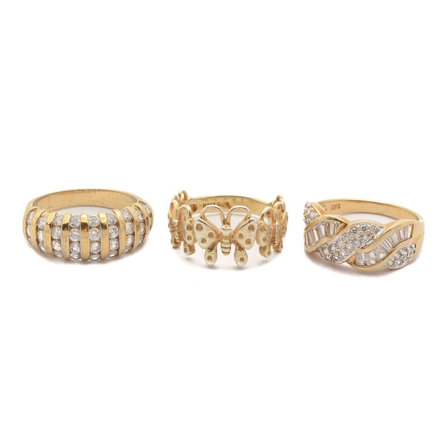 Group of Gold Tone Sterling Silver and Cubic Zirconia Rings