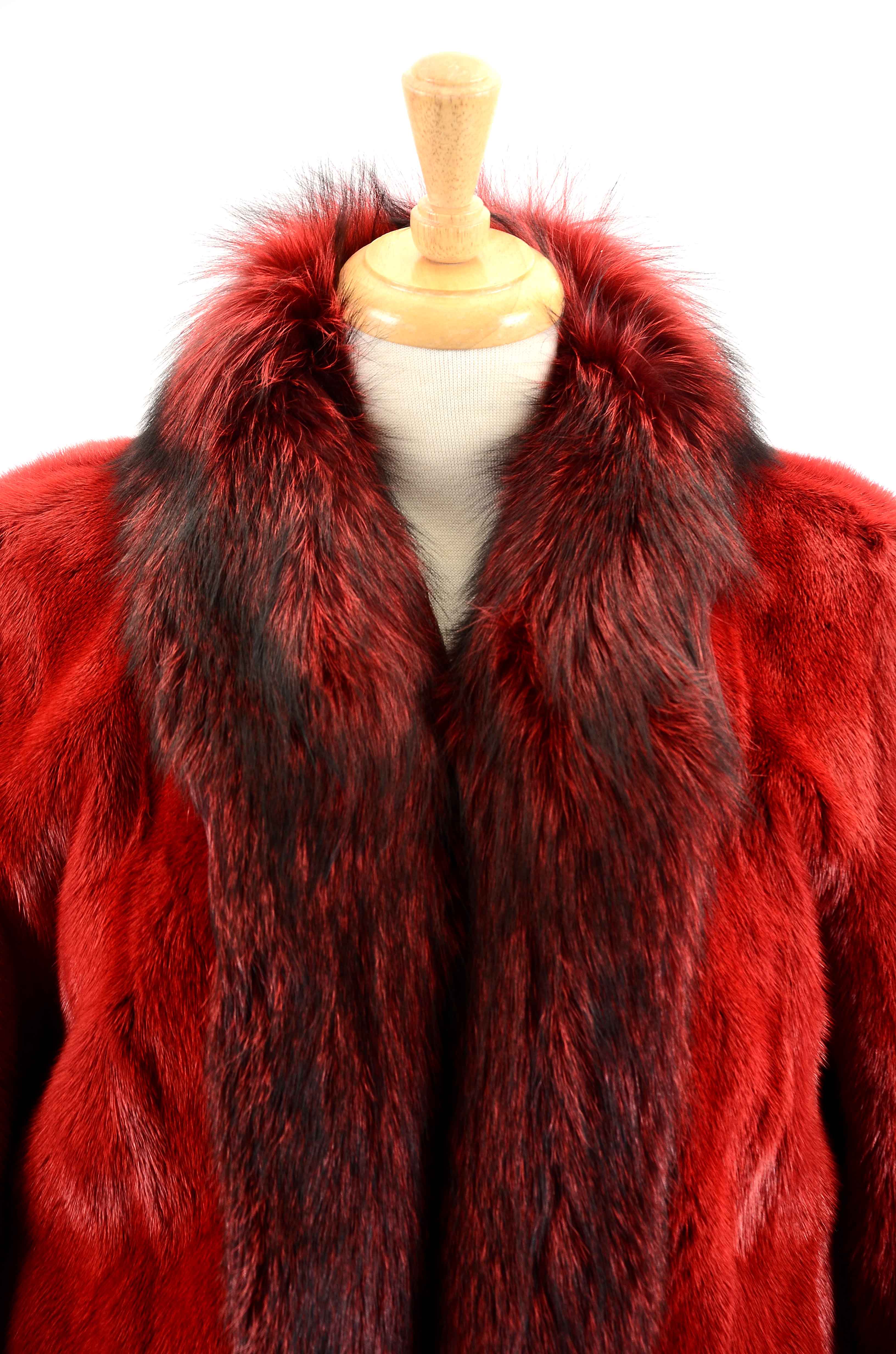 Mary McFadden Couture Dyed Red Mink and Fox Fur Coat