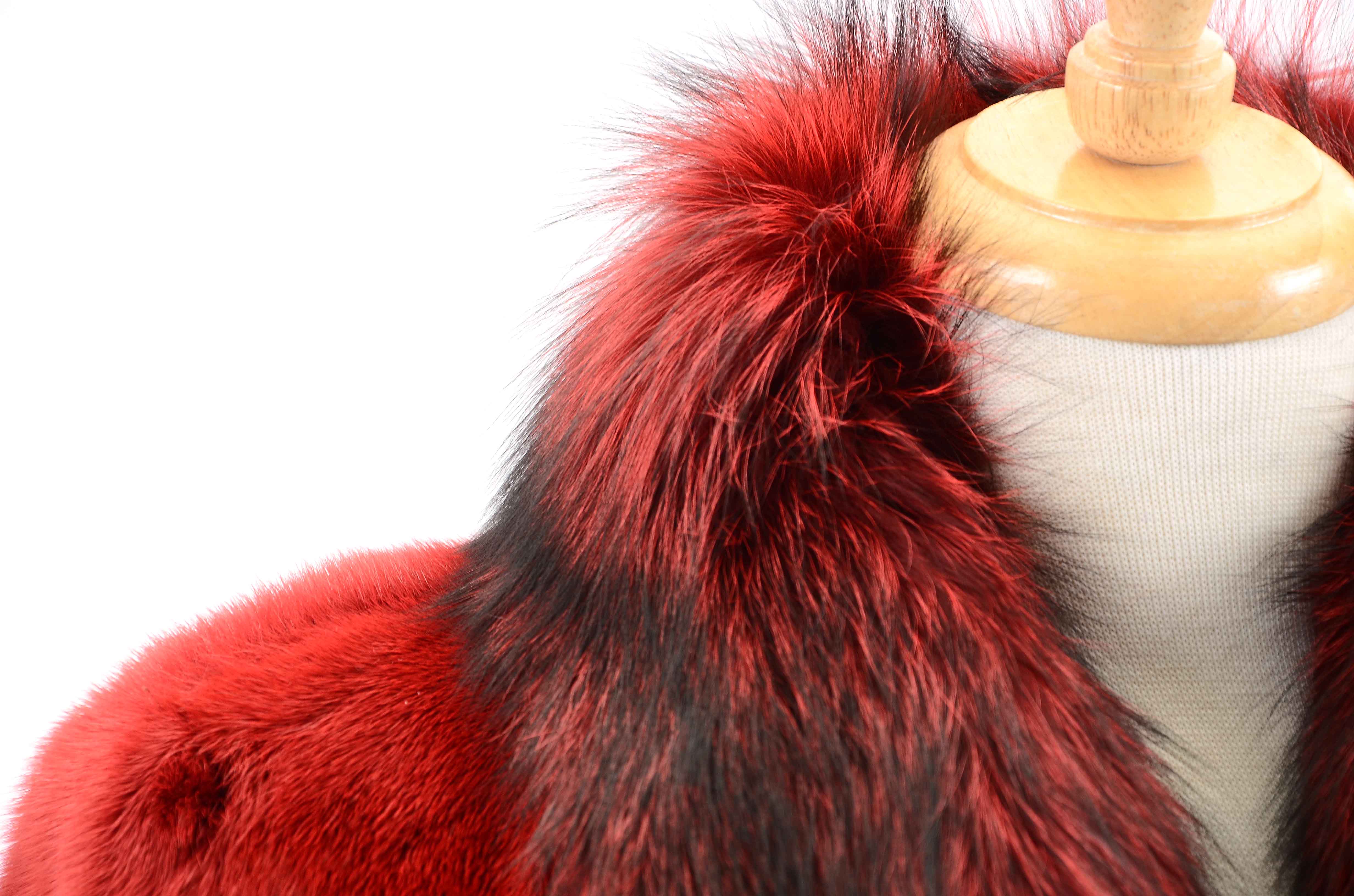 Mary McFadden Couture Dyed Red Mink and Fox Fur Coat