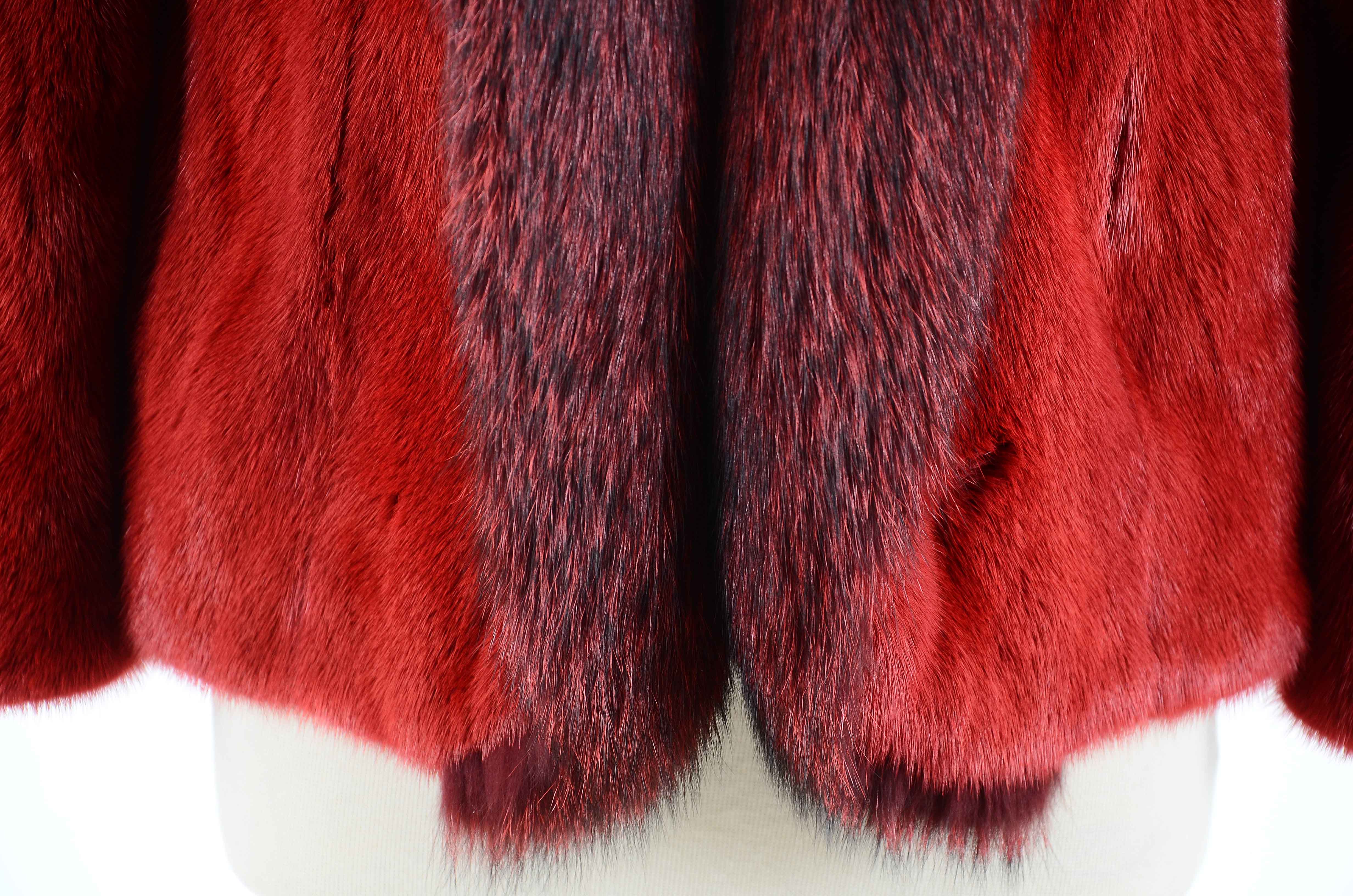 Mary McFadden Couture Dyed Red Mink and Fox Fur Coat