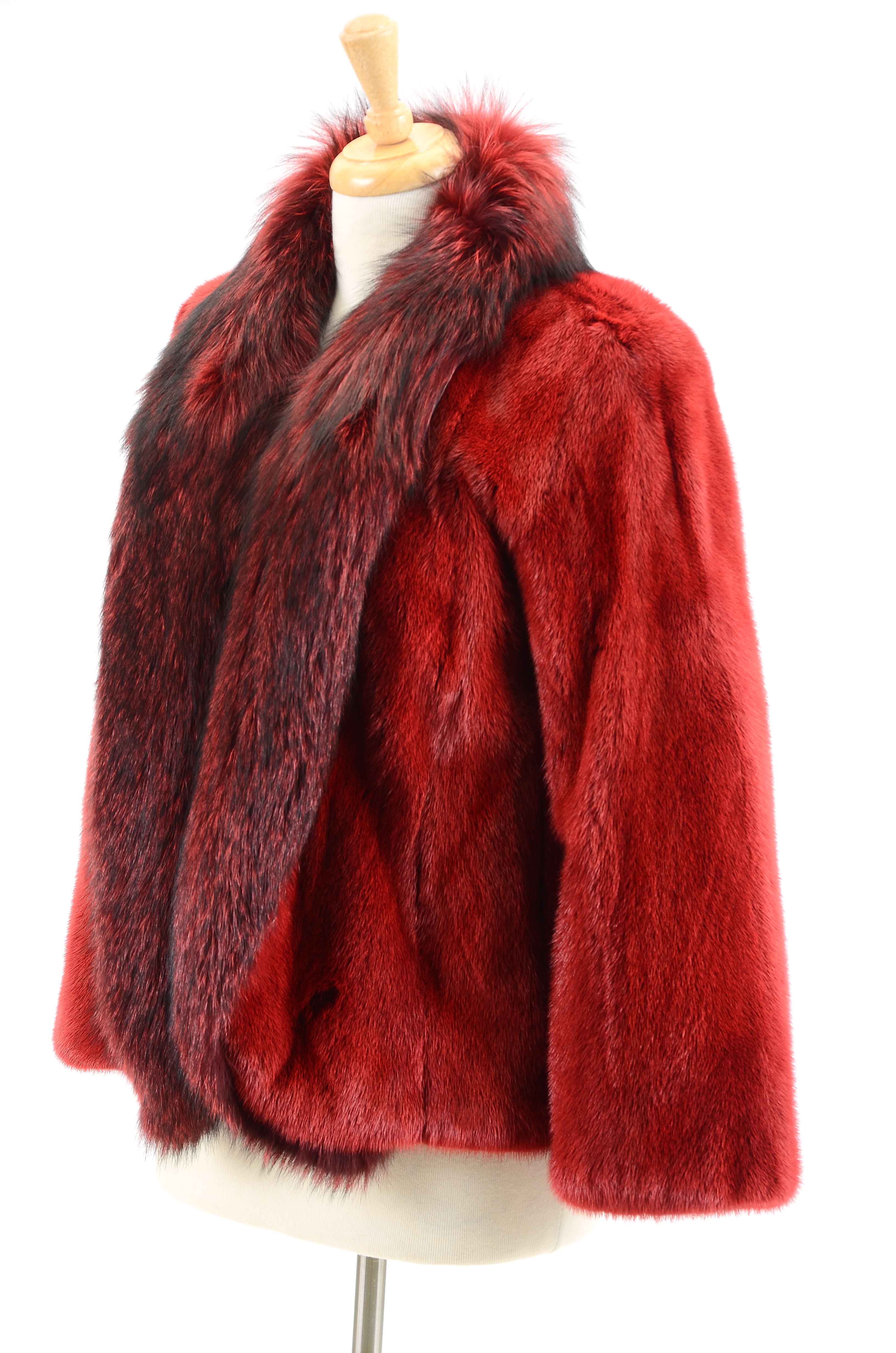 Mary McFadden Couture Dyed Red Mink and Fox Fur Coat