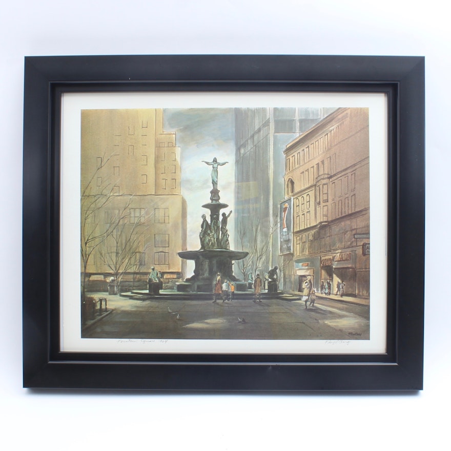 Signed Floyd Berg Offset Lithograph "Fountain Square"