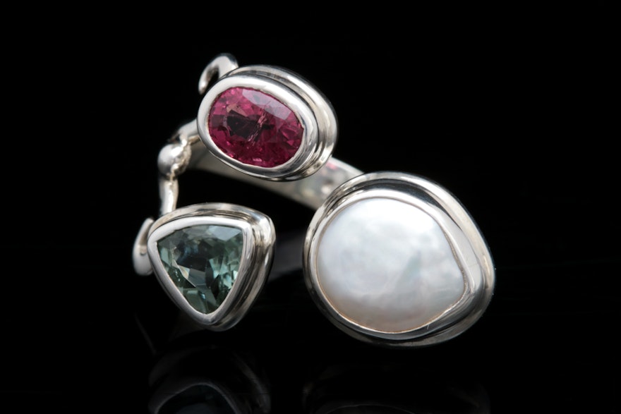 Sterling Silver, Mabé Pearl, Green and Pink Tourmaline Cocktail Ring