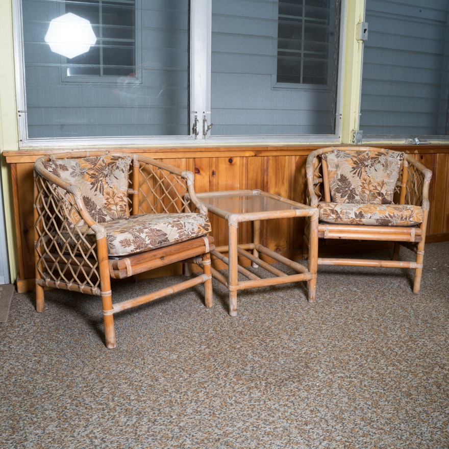 Pair of Rattan Armchairs with Accent Table