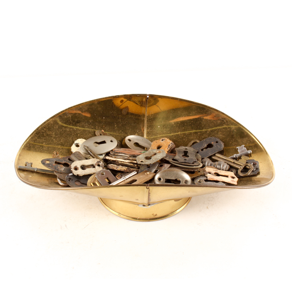 Vintage Keys and Escutcheons in Brass Dish