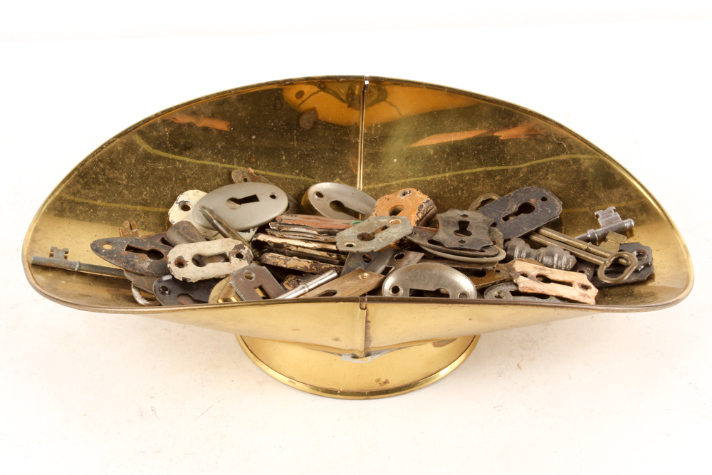 Vintage Keys and Escutcheons in Brass Dish