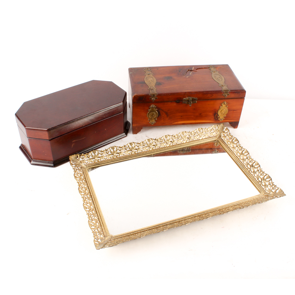 Wooden Jewelry Boxes and Gold Tone Metal Vanity Mirror