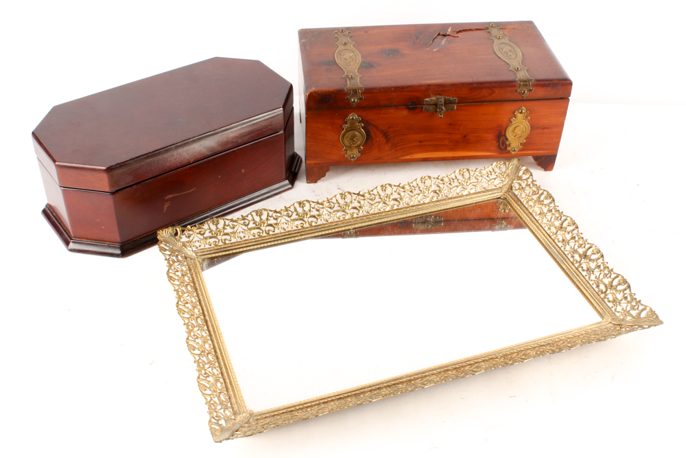 Wooden Jewelry Boxes and Gold Tone Metal Vanity Mirror