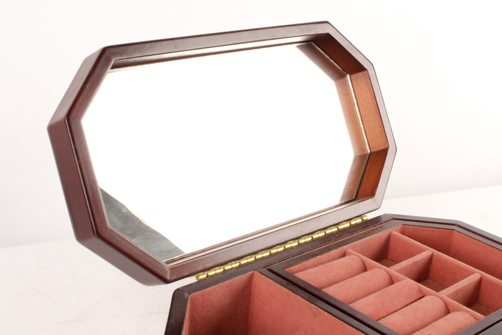 Wooden Jewelry Boxes and Gold Tone Metal Vanity Mirror