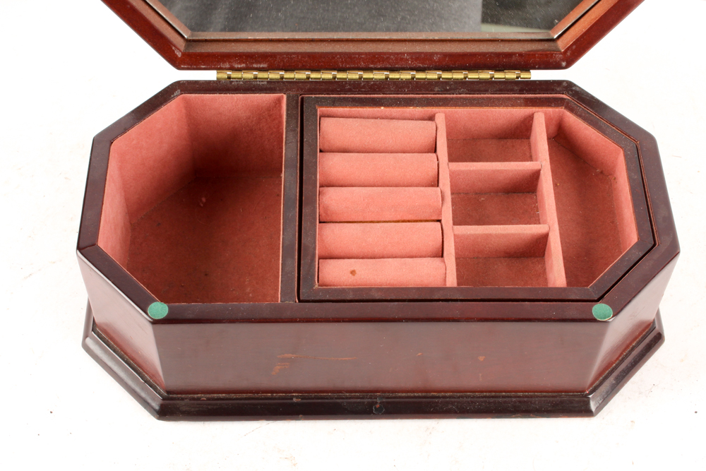 Wooden Jewelry Boxes and Gold Tone Metal Vanity Mirror