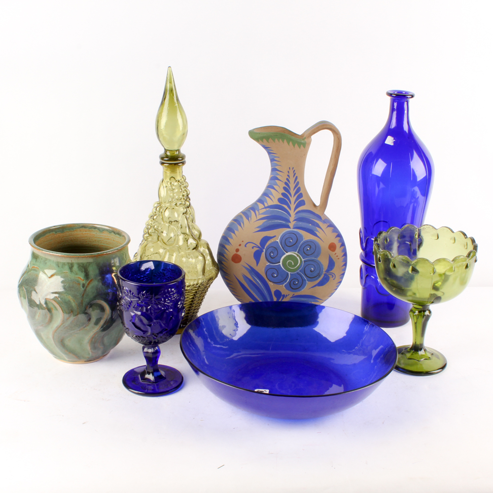 Cobalt and Green Glass Tableware and Stoneware