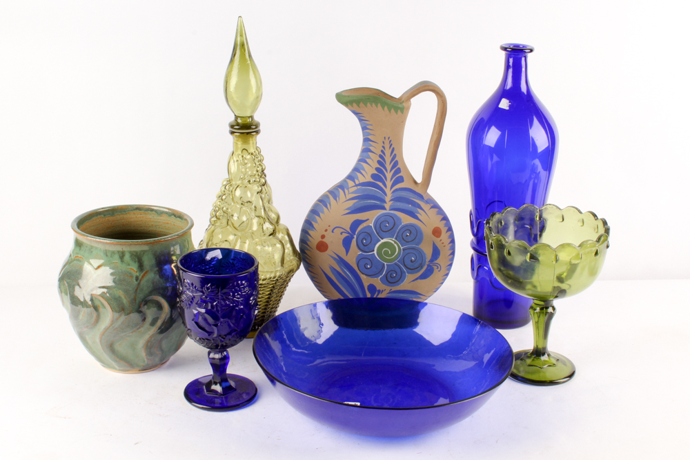 Cobalt and Green Glass Tableware and Stoneware