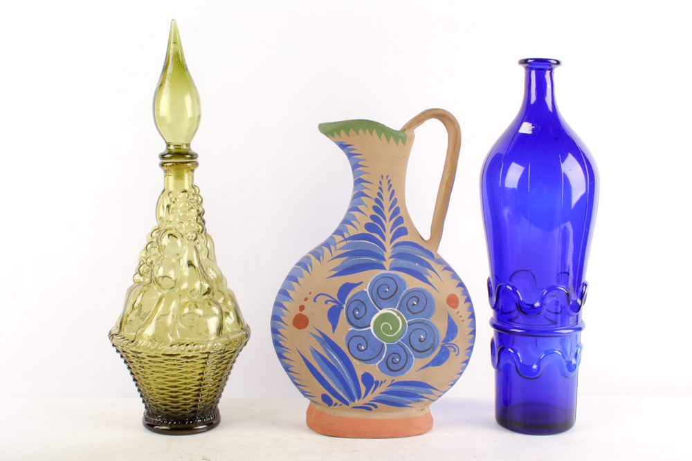 Cobalt and Green Glass Tableware and Stoneware