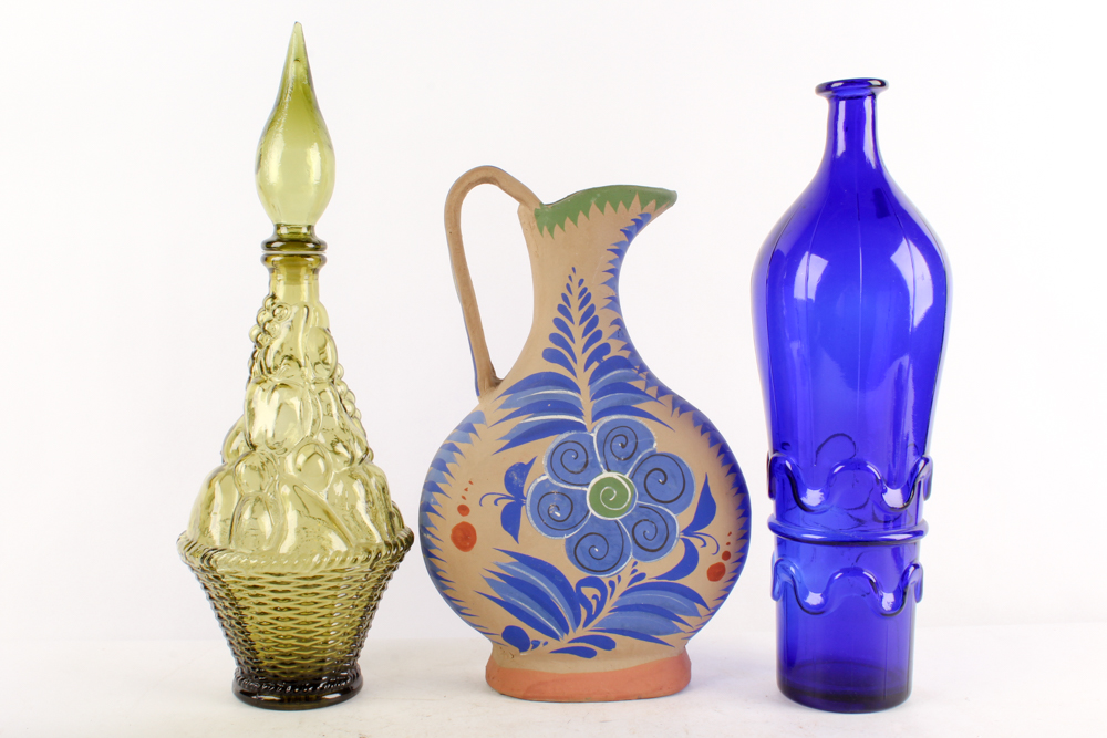 Cobalt and Green Glass Tableware and Stoneware