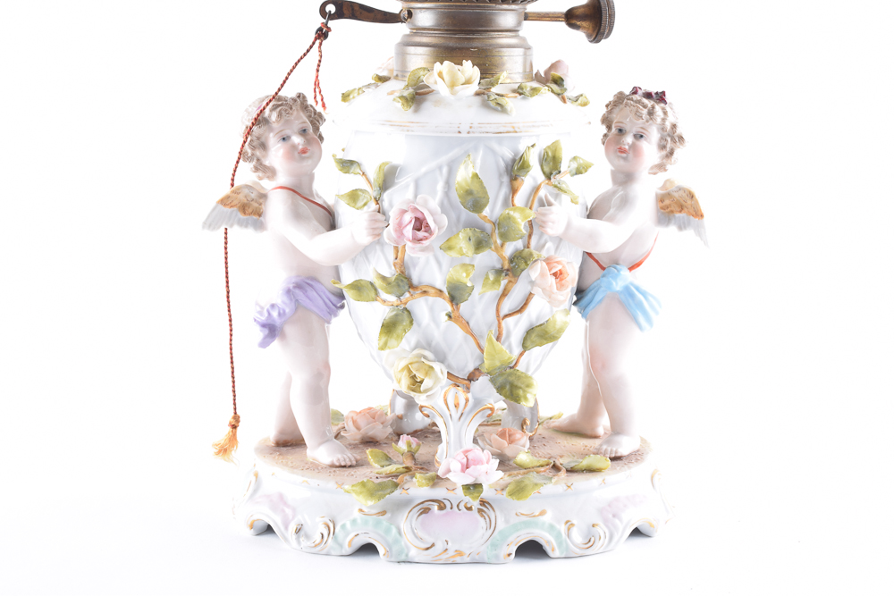 Antique Schierholz Porcelain Oil Lamp with Hand-Painted Baccarat Globe