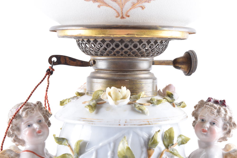 Antique Schierholz Porcelain Oil Lamp with Hand-Painted Baccarat Globe