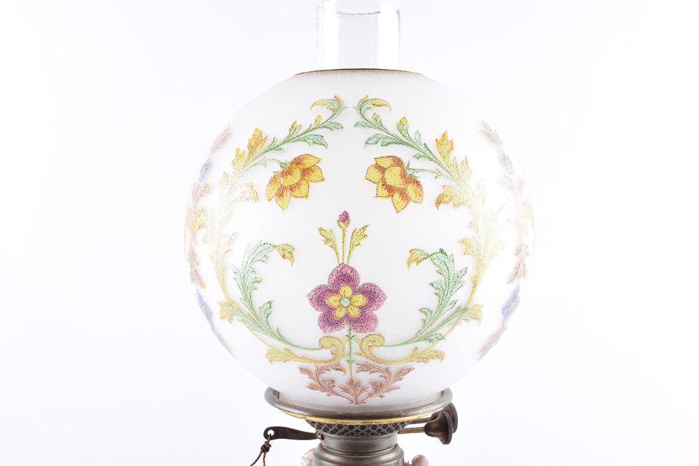 Antique Schierholz Porcelain Oil Lamp with Hand-Painted Baccarat Globe
