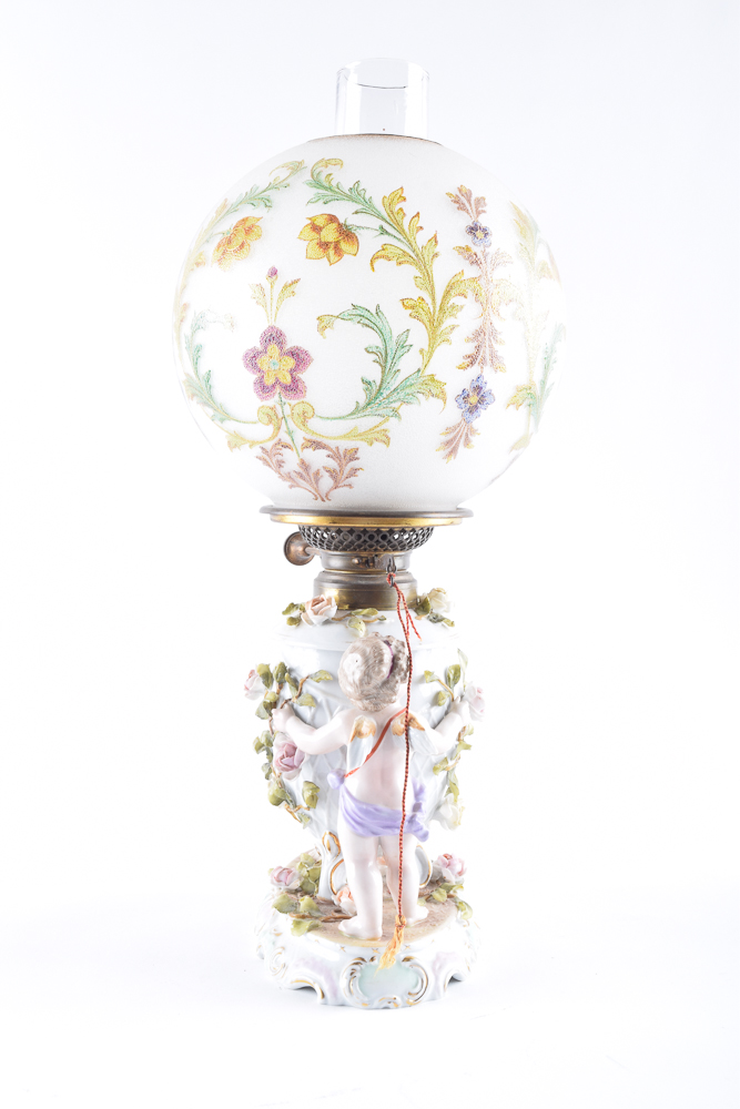 Antique Schierholz Porcelain Oil Lamp with Hand-Painted Baccarat Globe