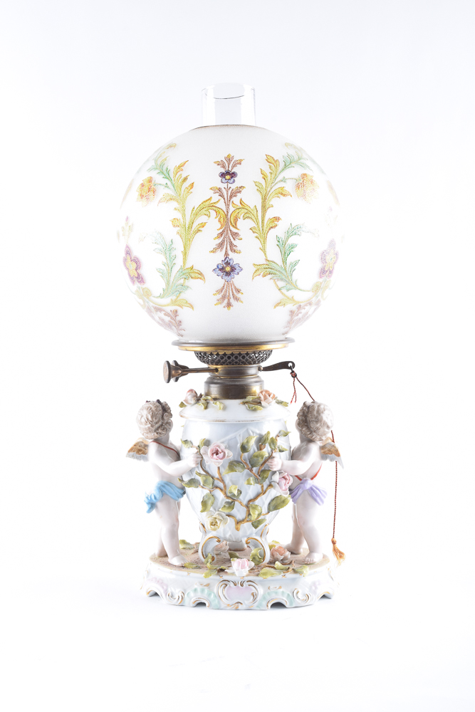 Antique Schierholz Porcelain Oil Lamp with Hand-Painted Baccarat Globe