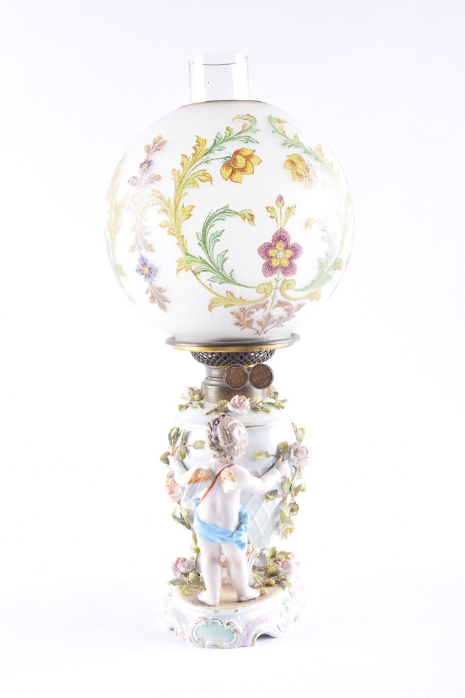 Antique Schierholz Porcelain Oil Lamp with Hand-Painted Baccarat Globe