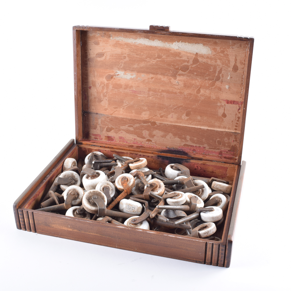 Art Deco Style Wooden Box with Porcelain Caster Collection