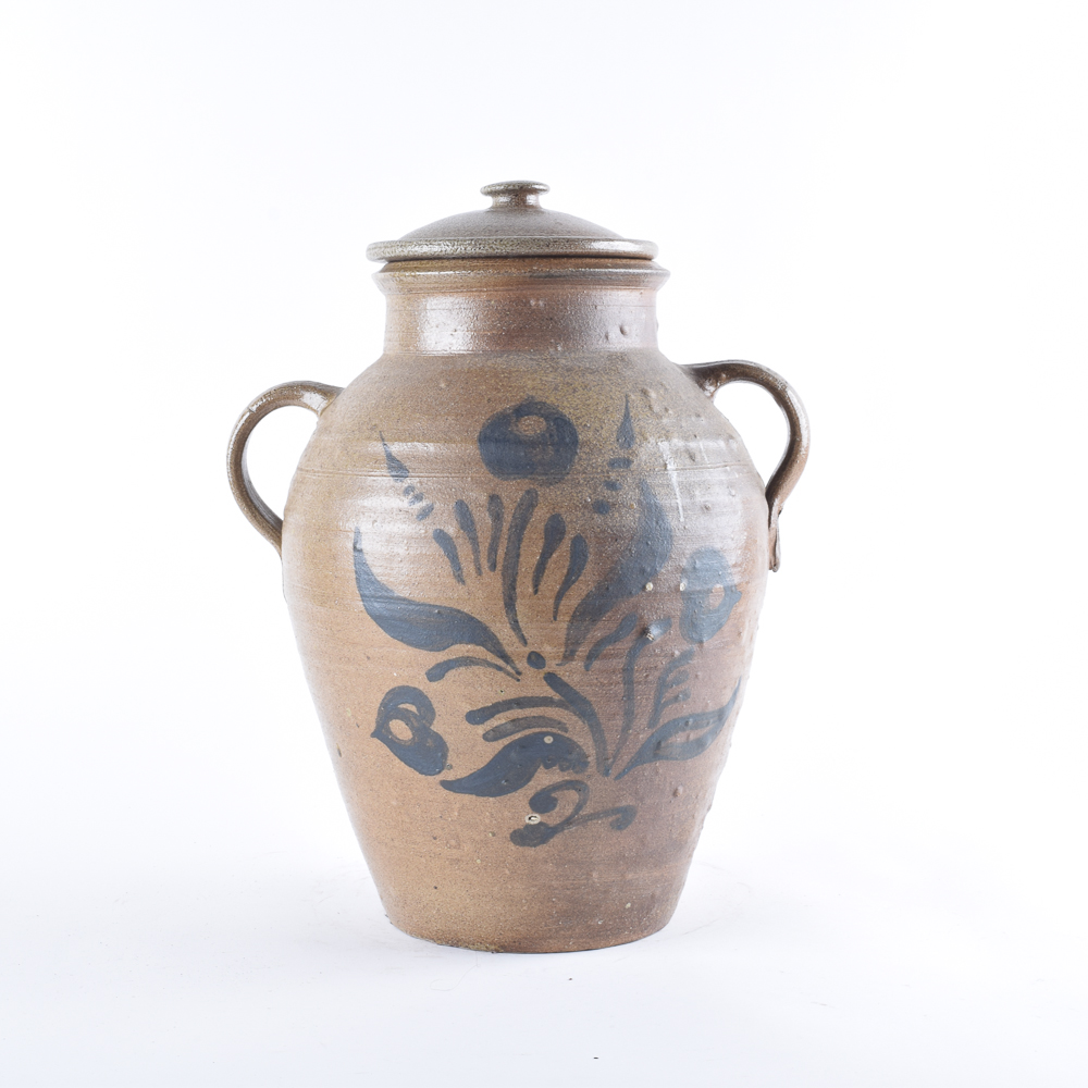 Vintage Lidded Wheel-Thrown Stoneware Crock