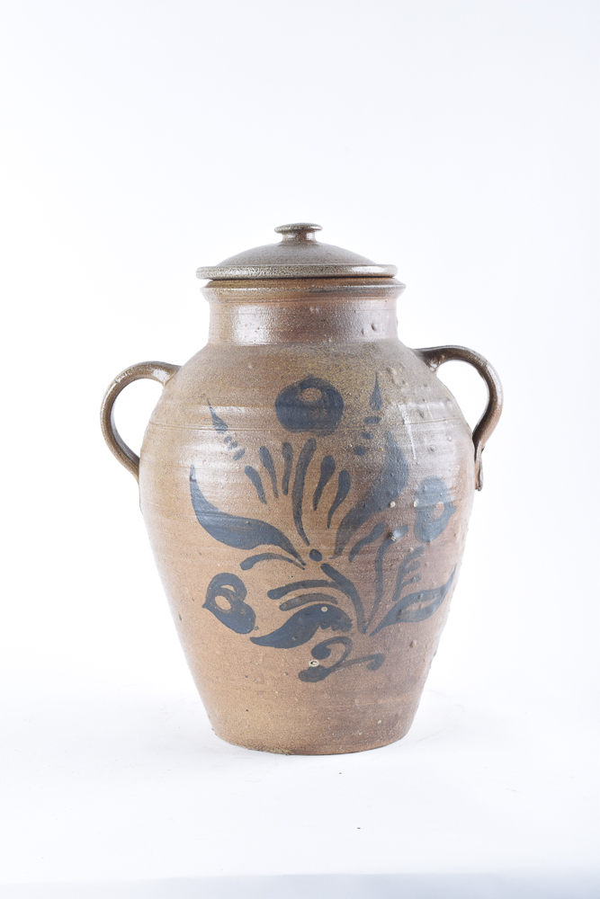 Vintage Lidded Wheel-Thrown Stoneware Crock