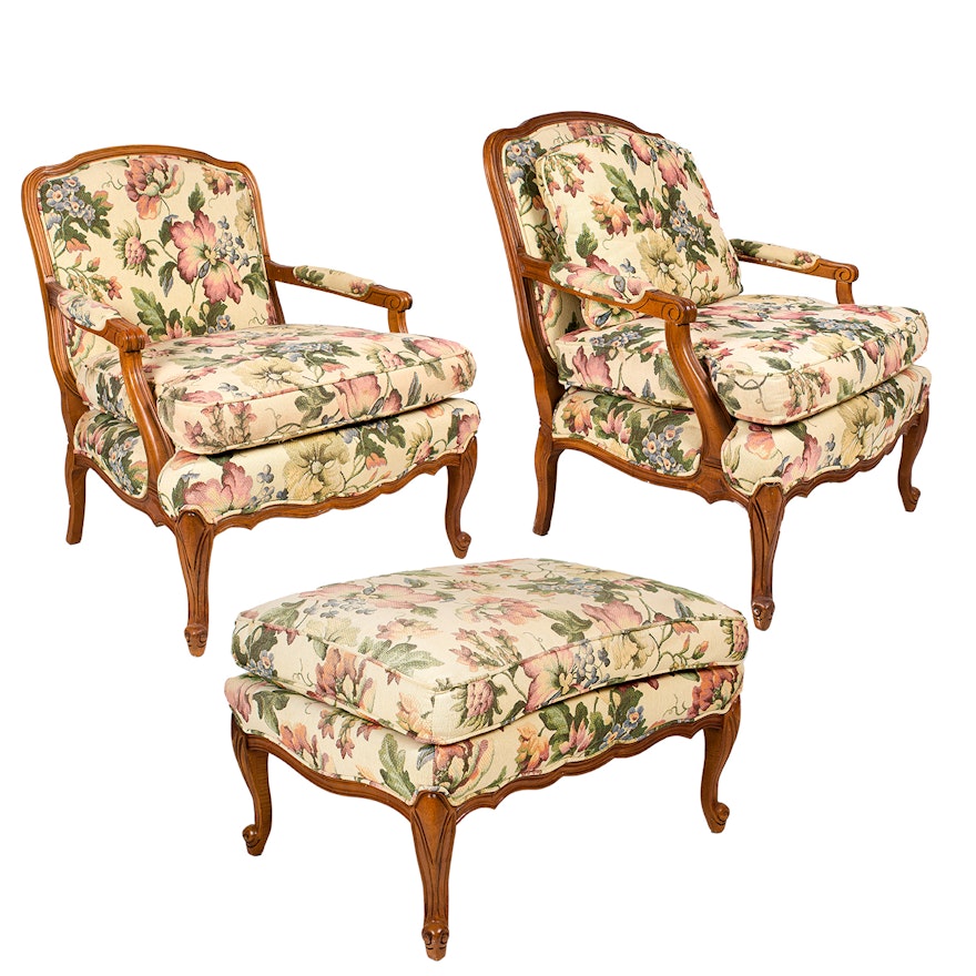 French Provincial Upholstered Armchairs and Ottoman by Sam Moore