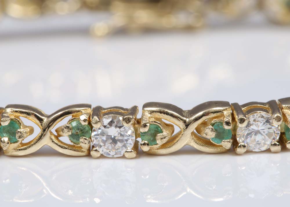 Sterling Silver, Emerald and Cubic Zirconia Tennis Bracelet