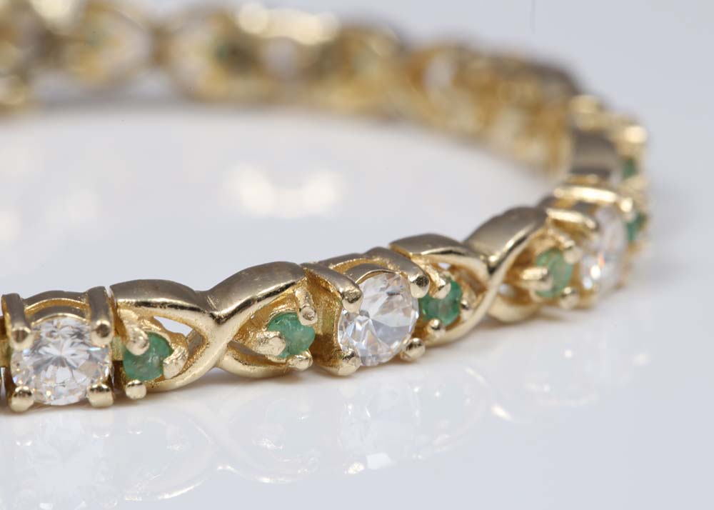 Sterling Silver, Emerald and Cubic Zirconia Tennis Bracelet