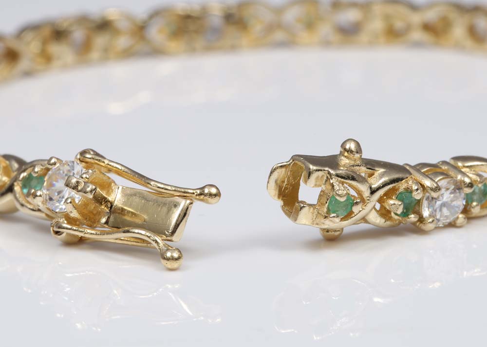 Sterling Silver, Emerald and Cubic Zirconia Tennis Bracelet