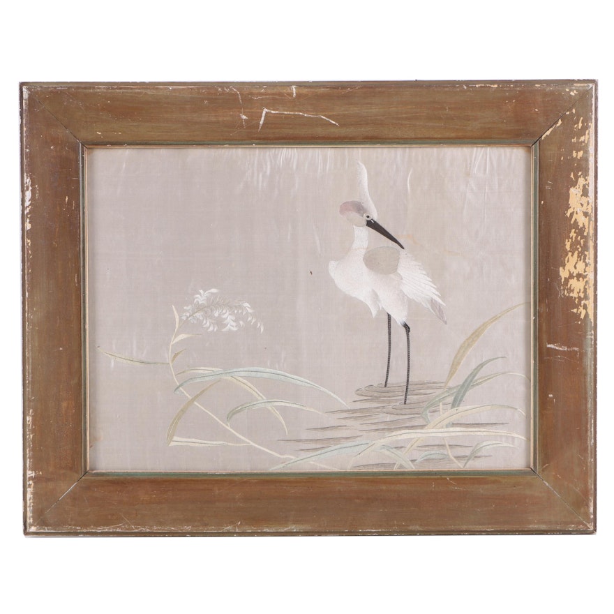 East Asian Inspired Silk Embroidery Image of a Crane