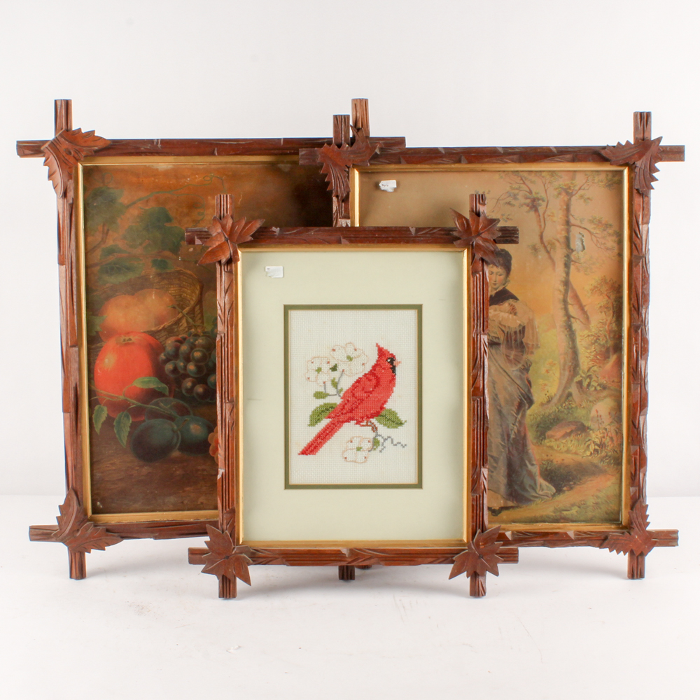 Vintage Prints and Cross-Stitch in Hand-Carved Frames