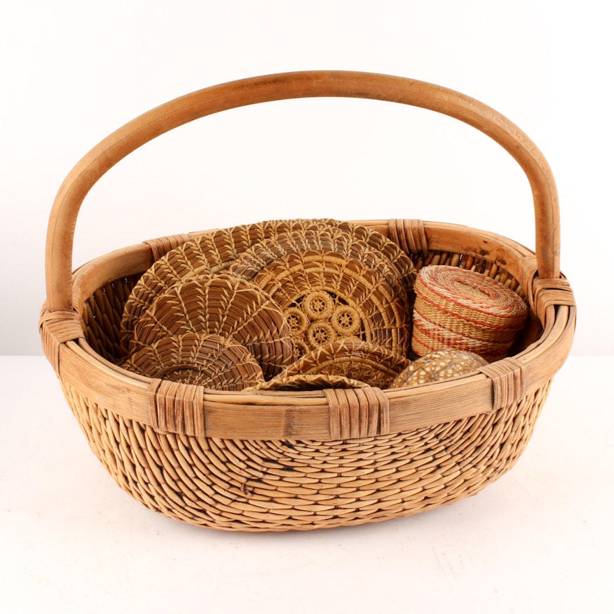 Antique Handwoven Basket and Other Woven Decor