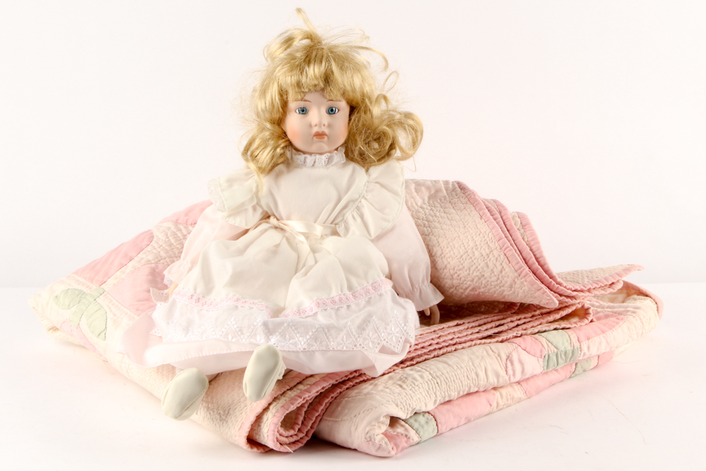 Handmade Vintage Quilt and Porcelain Doll