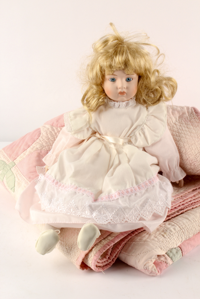 Handmade Vintage Quilt and Porcelain Doll