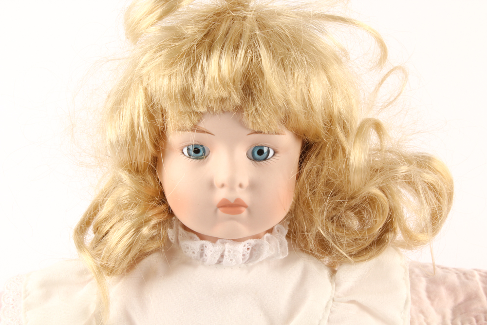 Handmade Vintage Quilt and Porcelain Doll